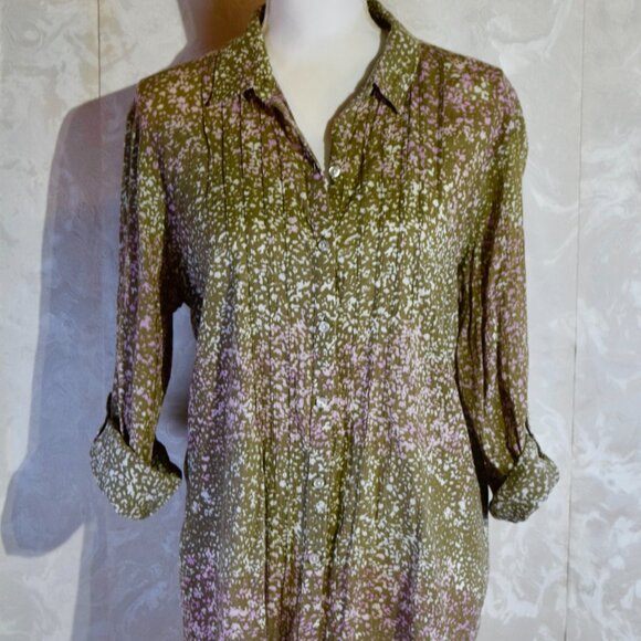 Eddie Bauer L Green Purple Floral Pleated Roll-Tab Sleeve Blouse - Picture 5 of 8